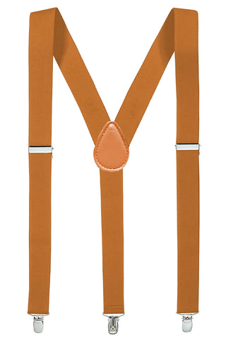 1" wide adjustable camel brown elastic suspenders with silver metal clips