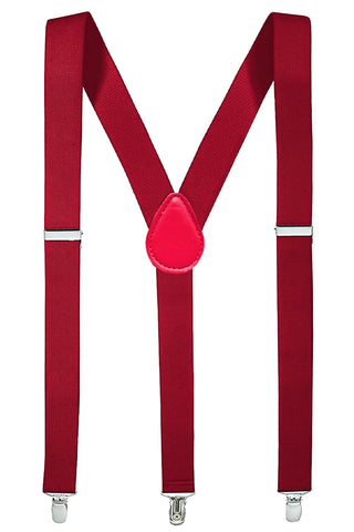1" wide adjustable dark burgundy red elastic suspenders with silver metal clips