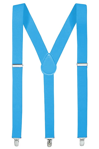 1" wide adjustable turquoise blue elastic suspenders with silver metal clips