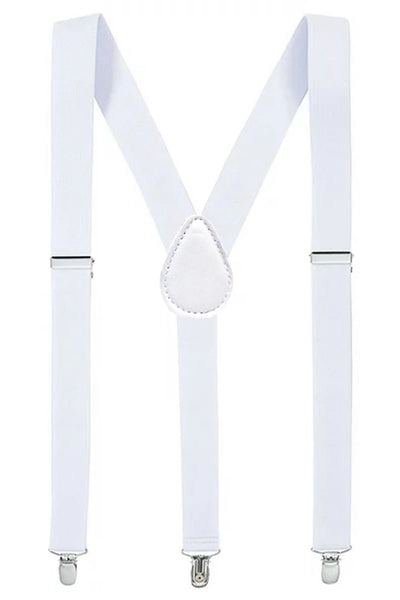 1" wide adjustable white elastic suspenders with silver metal clips