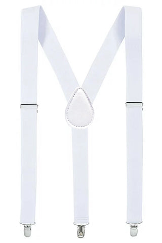 1" wide adjustable white elastic suspenders with silver metal clips