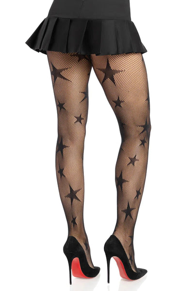 black fishnet tights with allover knit-in multi-size five-pointed stars design, shown 3/4 back view on a model