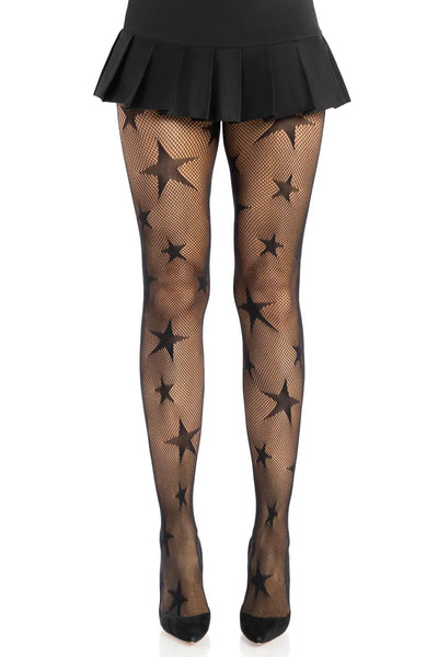 black fishnet tights with allover knit-in multi-size five-pointed stars design, shown on a model