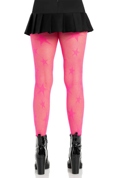 neon pink fishnet tights with allover knit-in multi-size five-pointed stars design, shown back view on a model