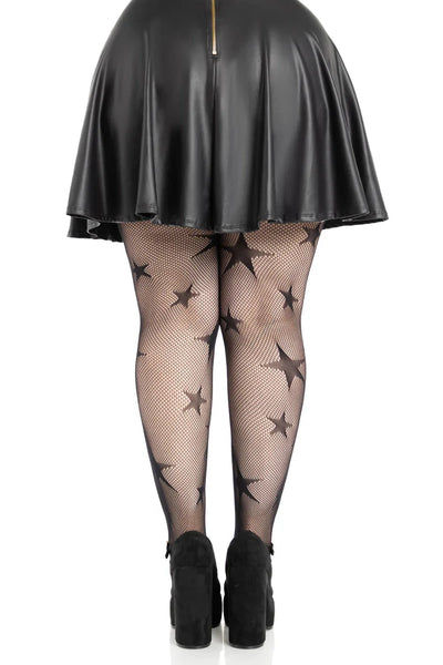 black fishnet tights with allover knit-in multi-size five-pointed stars design, shown back view on a model