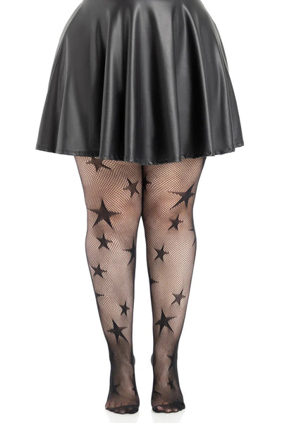 black fishnet tights with allover knit-in multi-size five-pointed stars design, shown on a model