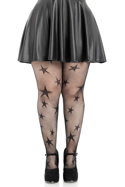 black fishnet tights with allover knit-in multi-size five-pointed stars design, shown on a model