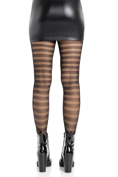 black net tights in a pattern comprised of alternating horizontal stripes in dense fine net and more open fishnet, shown back view on a model