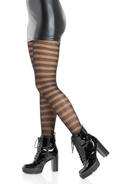 black net tights in a pattern comprised of alternating horizontal stripes in dense fine net and more open fishnet, shown side view on a model