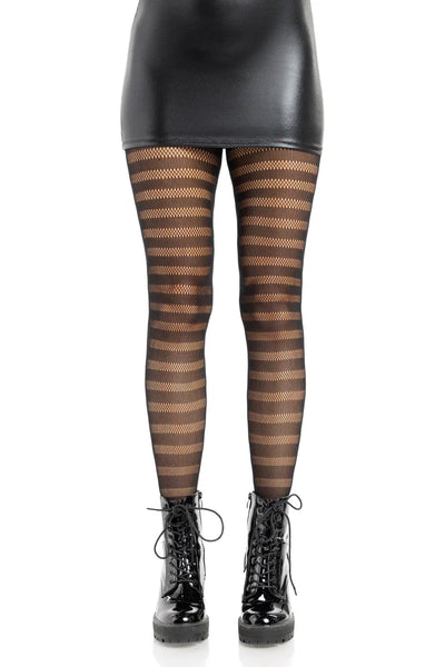 black net tights in a pattern comprised of alternating horizontal stripes in dense fine net and more open fishnet, shown on a model
