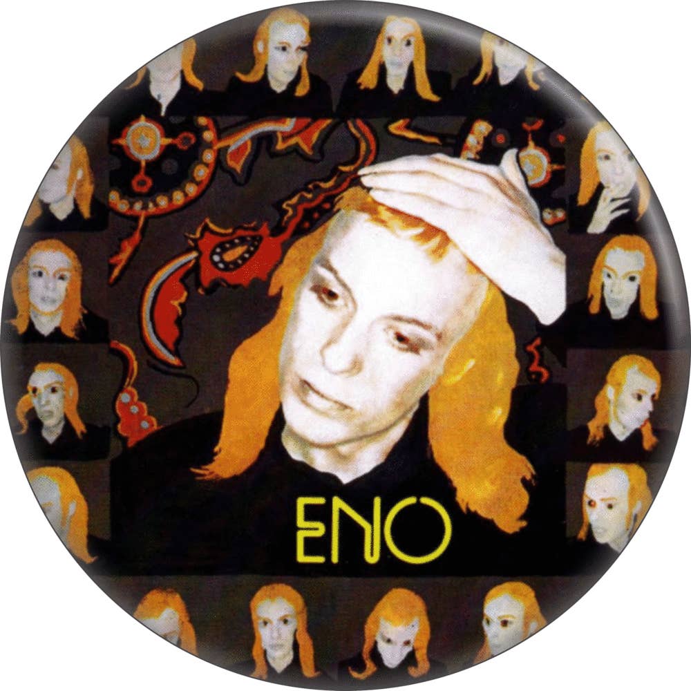 1 1/4” round pinback button of Brian Eno album cover art