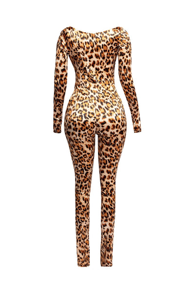 Natural brown leopard print pattern brushed fiber knit catsuit with long sleeves, thumb holes, and v-neck surplice bodice. Shown from back