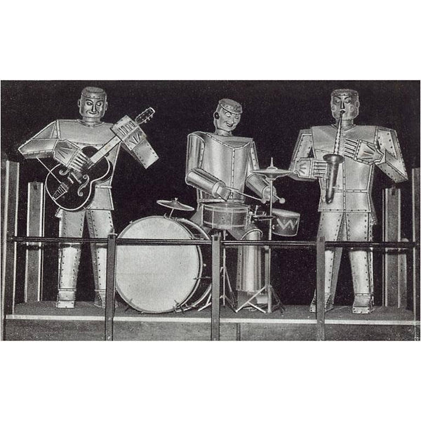 rectangular postcard with black and grey illustration of three robots playing a guitar, drums, and saxophone