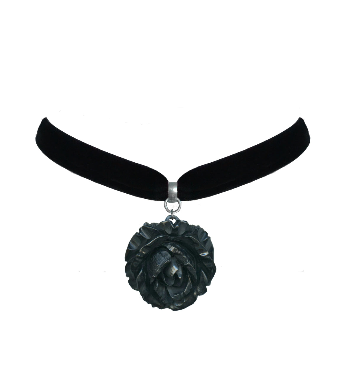 Black velvet choker necklace with black poly resin rose charm