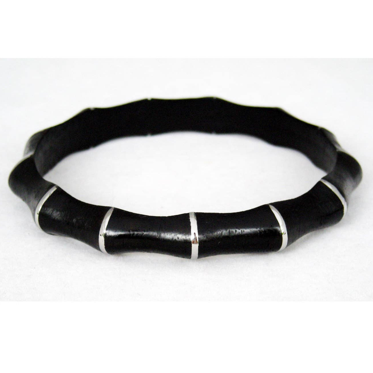 black bamboo shaped wood bangle with vertical stainless steel stripes