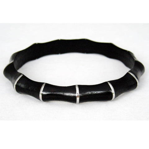 black bamboo shaped wood bangle with vertical stainless steel stripes