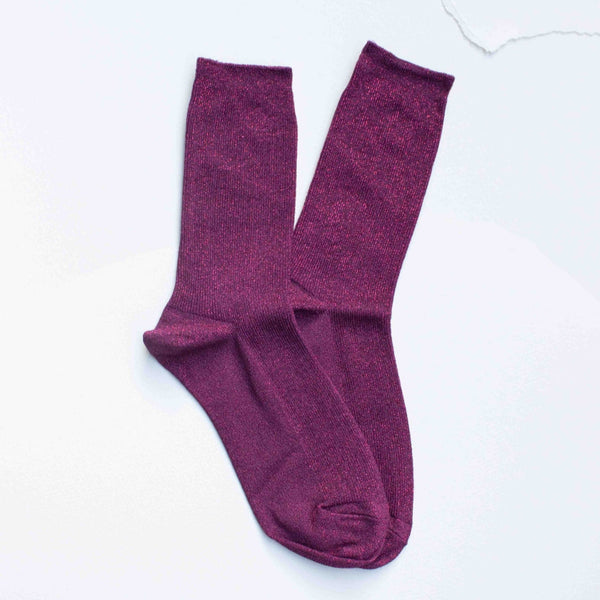 Magenta lurex ribbed crew socks 