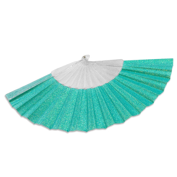 bright turquoise glittery folding fan with translucent sparkly ribs shown open from side