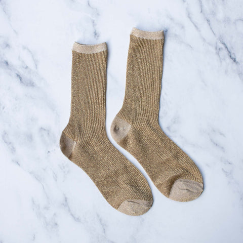 Gold lurex ribbed crew socks with cuffs, toes, and heels in a slightly lighter shade of gold