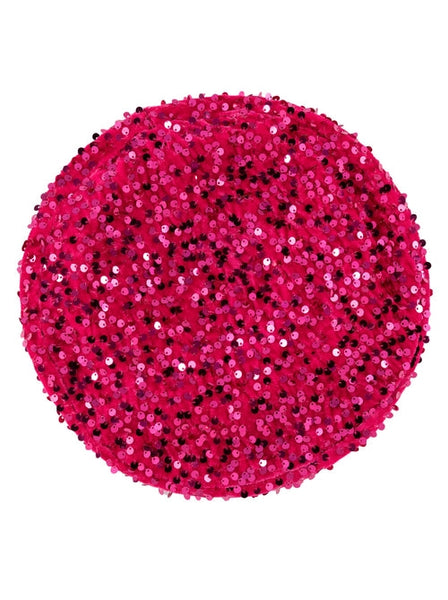 magenta knit sequined beret with a ribbed cuff. Shown from the top