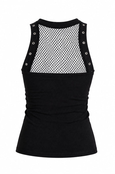 black knit sleeveless top with crew neckline, silver eyelet detail at each armhole, and black fishnet detail below the neck opening. Shown from back on white background