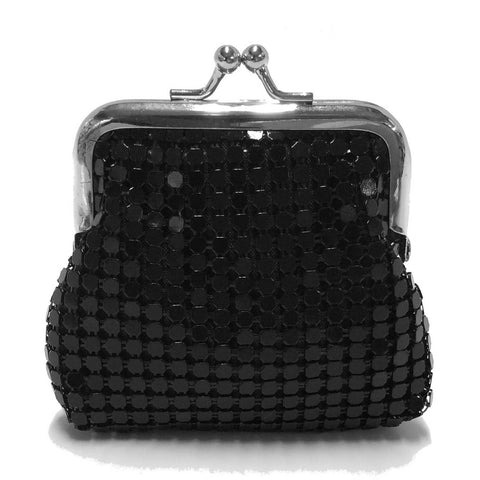 square coin purse made of black metal mesh with silver metal kiss lock closure