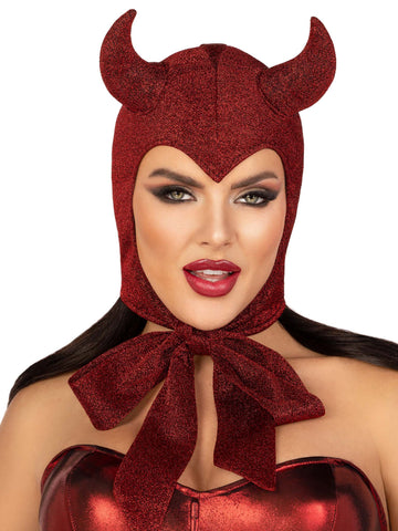 stretch red lurex bonnet featuring stitched on stuffed 3D horns, a widow's peaked opening, and is finished with long ties tied in a bow. shown on a model