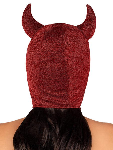 stretch red lurex bonnet featuring stitched on stuffed 3D horns, a widow's peaked opening, and is finished with long ties tied in a bow. shown back view on a model
