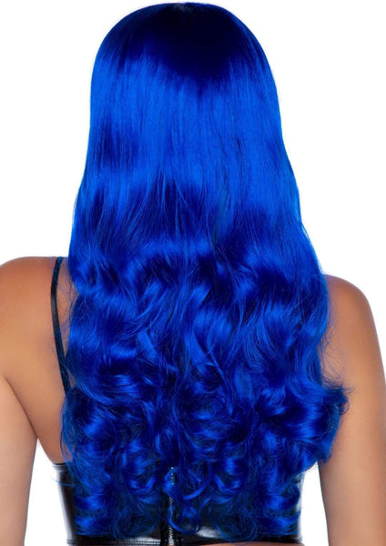 24" length wavy bright royal blue wig with straight heavy bangs, shown back view on model