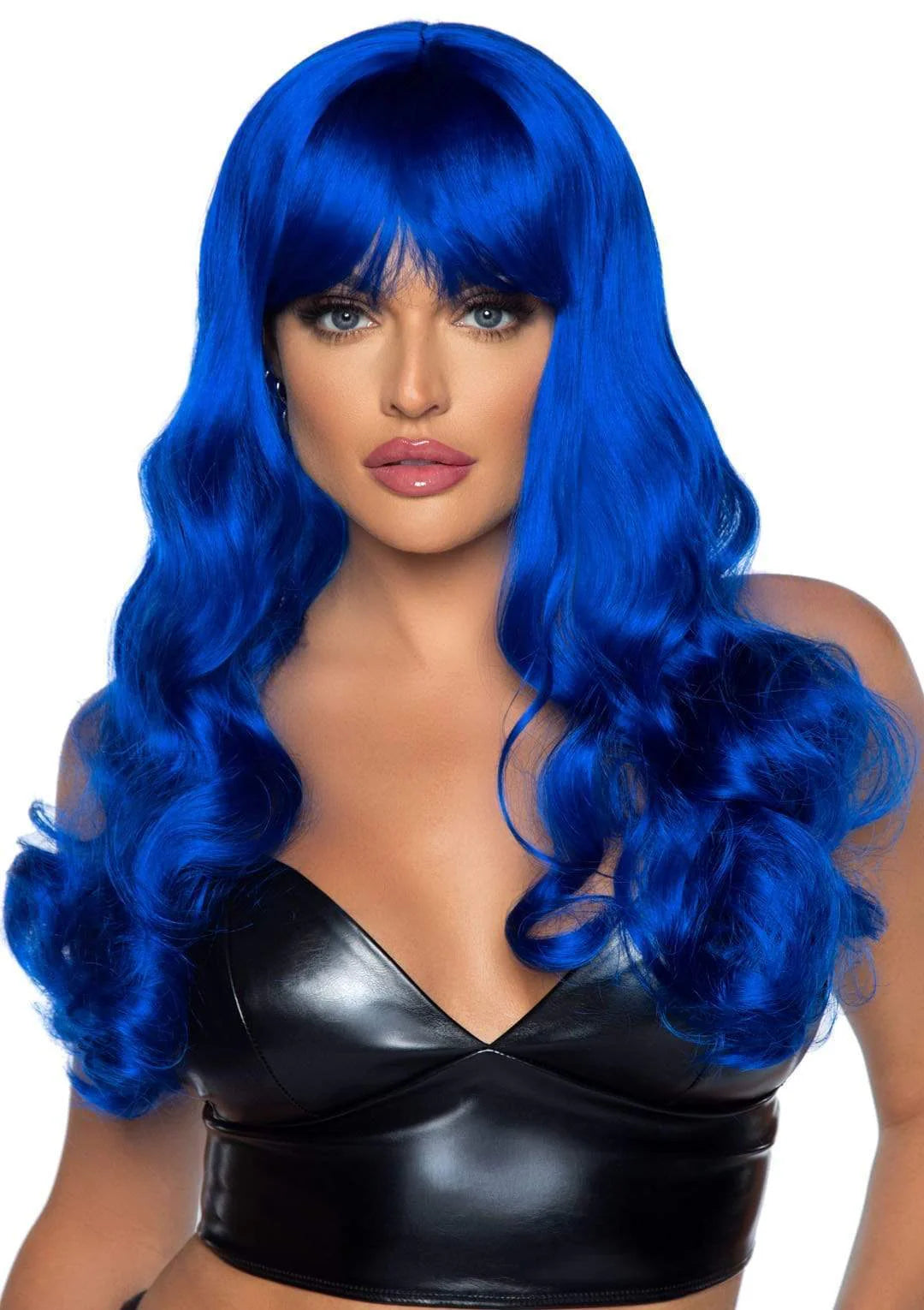 24" length wavy bright royal blue wig with straight heavy bangs, shown on model
