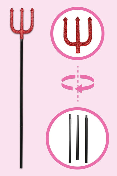 A black and red pitch fork costume accessory shown on a light pink background with circular inset views showing disassembly instructions.