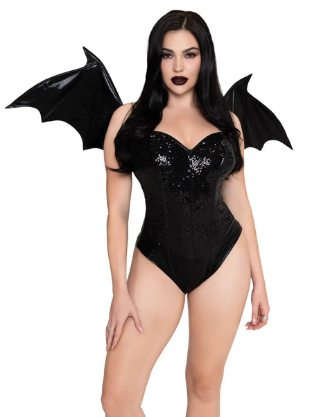 Mode wearing black shiny “wet look” fabric strapless bat wings shown from front