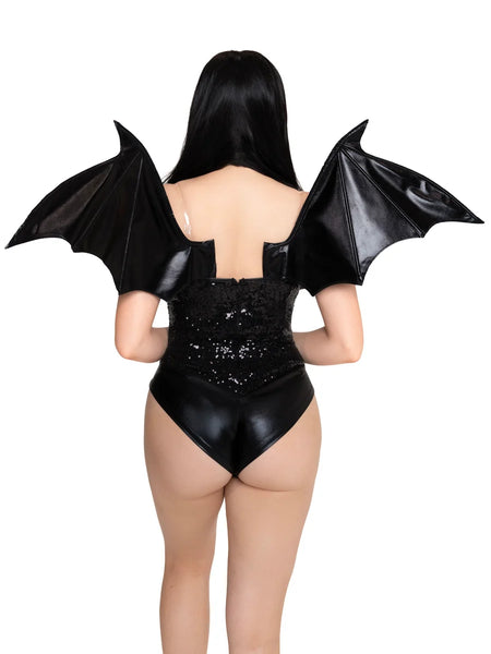 Mode wearing black shiny “wet look” fabric strapless bat wings shown from back