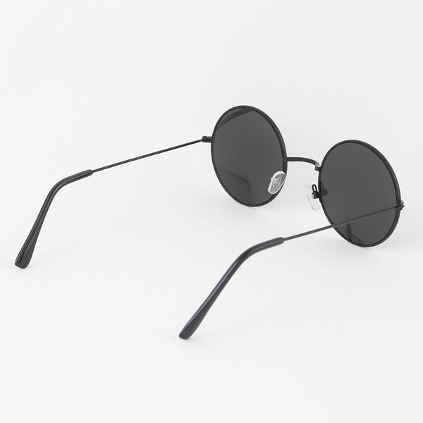 2” round sunglasses with thin black metal frames and dark smoke lenses, shown 3/4 view of back