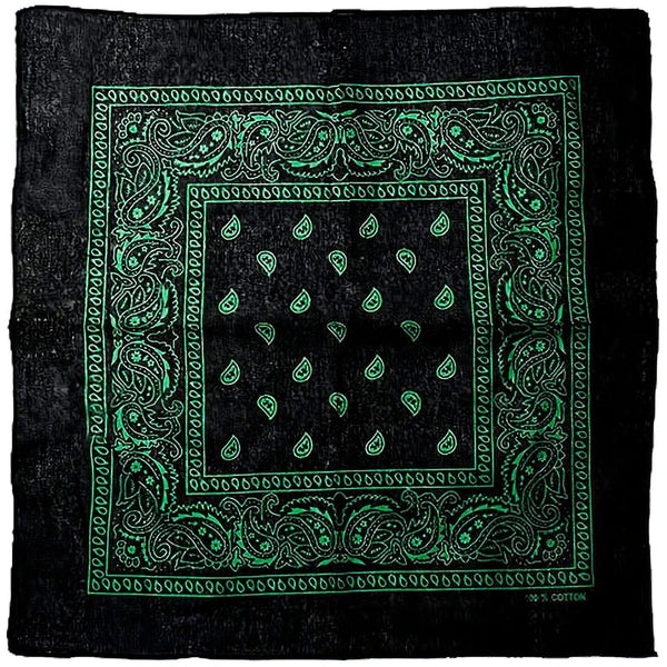 Black bandana with green paisley pattern on a white background