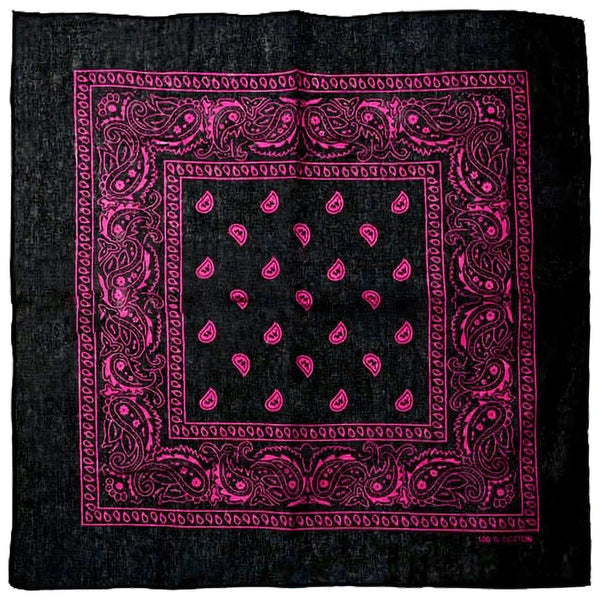Black bandana with pink paisley pattern on a white background