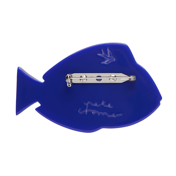 Pete Cromer x Erstwilder Australian Sea Life collaboration collection "The Sartorial Surgeon Fish" layered acrylic resin brooch, showing solid blue back view