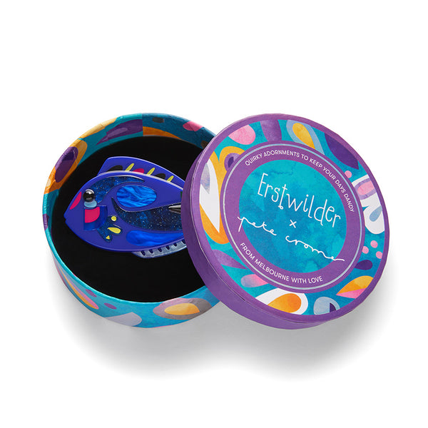 Pete Cromer x Erstwilder Australian Sea Life collaboration collection "The Sartorial Surgeon Fish" layered acrylic resin brooch, shown in illustrated round box packaging