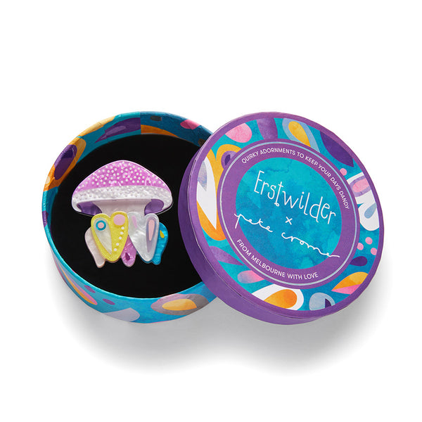 Pete Cromer x Erstwilder Australian Sea Life collaboration collection "The Whimsical White Spotted Jellyfish" layered resin brooch, shown in illustrated round box packaging