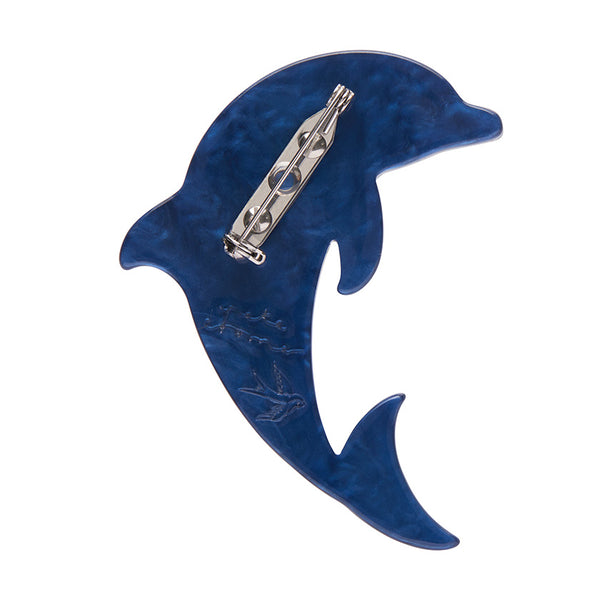 Pete Cromer x Erstwilder Australian Sea Life collaboration collection "The Boastful Bottlenose Dolphin" layered acrylic resin brooch, showing solid blue back view