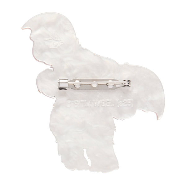 Gremlins movie Gizmo character layered acrylic resin brooch, showing white back view with silver metal pin clasp
