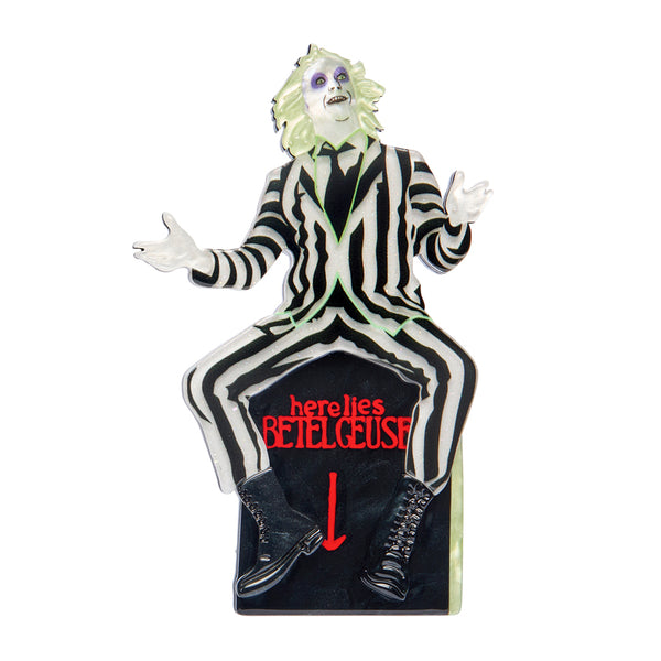 'Beetlejuice' character in his black and white striped suit sitting on his gravestone layered acrylic resin brooch