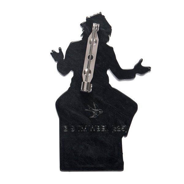 'Beetlejuice' character in his black and white striped suit sitting on his gravestone layered acrylic resin brooch, showing solid black back view with silver metal pin clasp