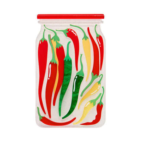 Jar of red, green, and yellow chili peppers layered acrylic resin brooch