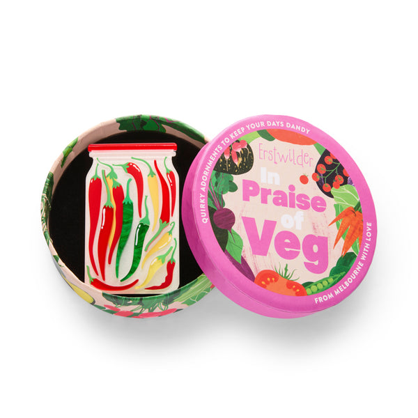 Jar of red, green, and yellow chili peppers layered acrylic resin brooch, shown in illustrated round box packaging