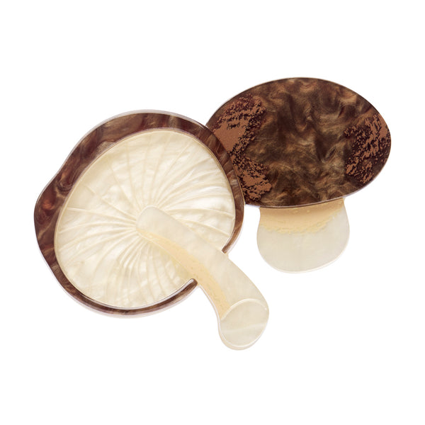 brown and cream pair of mushrooms layered acrylic resin brooch 
