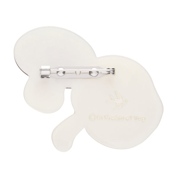 brown and cream pair of mushrooms layered acrylic resin brooch, showing white back with silver metal pin clasp