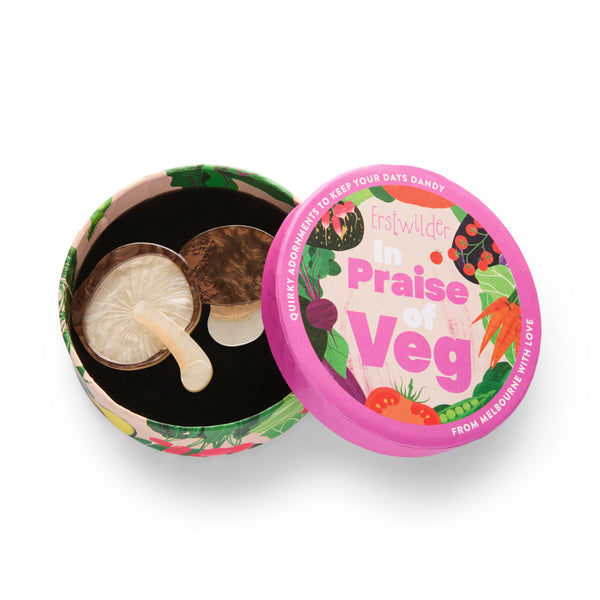 brown and cream pair of mushrooms layered acrylic resin brooch, shown in illustrated round box packaging