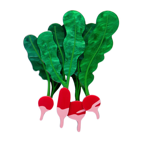 bunch of four radishes with green leaves layered acrylic resin brooch