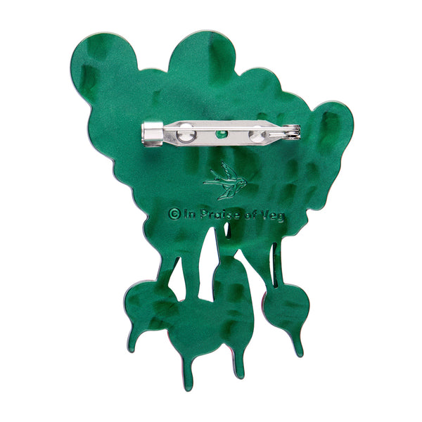 bunch of four radishes with green leaves layered acrylic resin brooch, showing green back with silver metal pin clasp